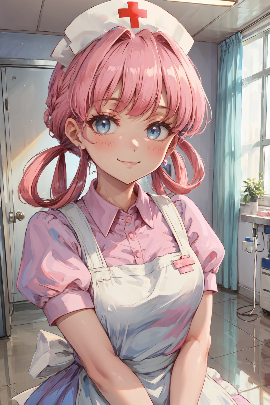 00863-3757422290-masterpiece,best quality,1girl,nurse joy,hair rings,bangs,pink hair,blue eyes,nurse cap,pink collared dress,apron,smile,(hospita.png